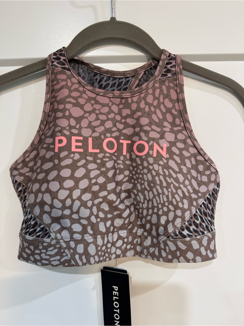 Peloton WITH Riverstone Pink and Taupe Animal Print High-Neck Sports Bra XS NWT